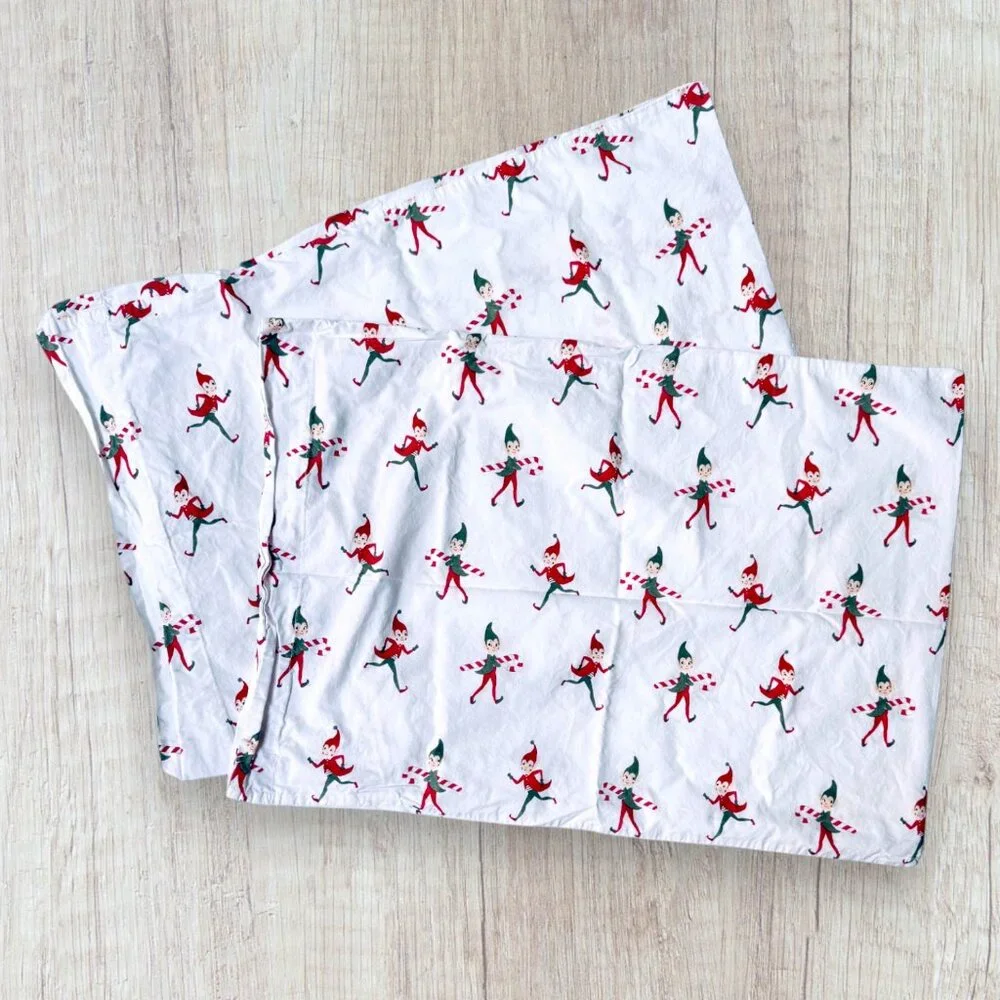 Pottery Barn Kids Holiday Elf Pillowcases Set of 2 Christmas Sheets Bedding